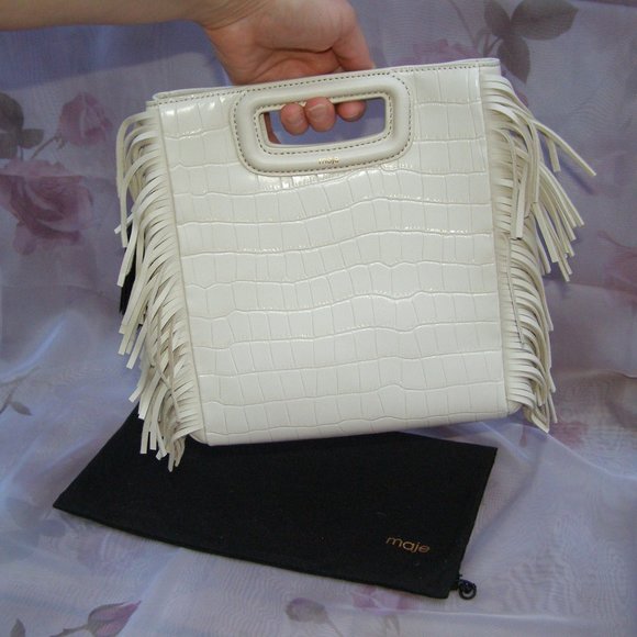 🍦 NWT $360 Maje Ecru Vanilla Leather Croco Fringe bag - Picture 2 of 15